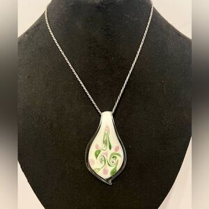 Hand Painted Vintage Murano Style Blown Glass Pendant 925 Sterling Italy Chain